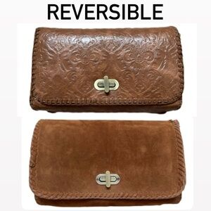 Reversible Boho Crossbody Bag Vegan Leather Embossed Multi Pockets Cognac Brown